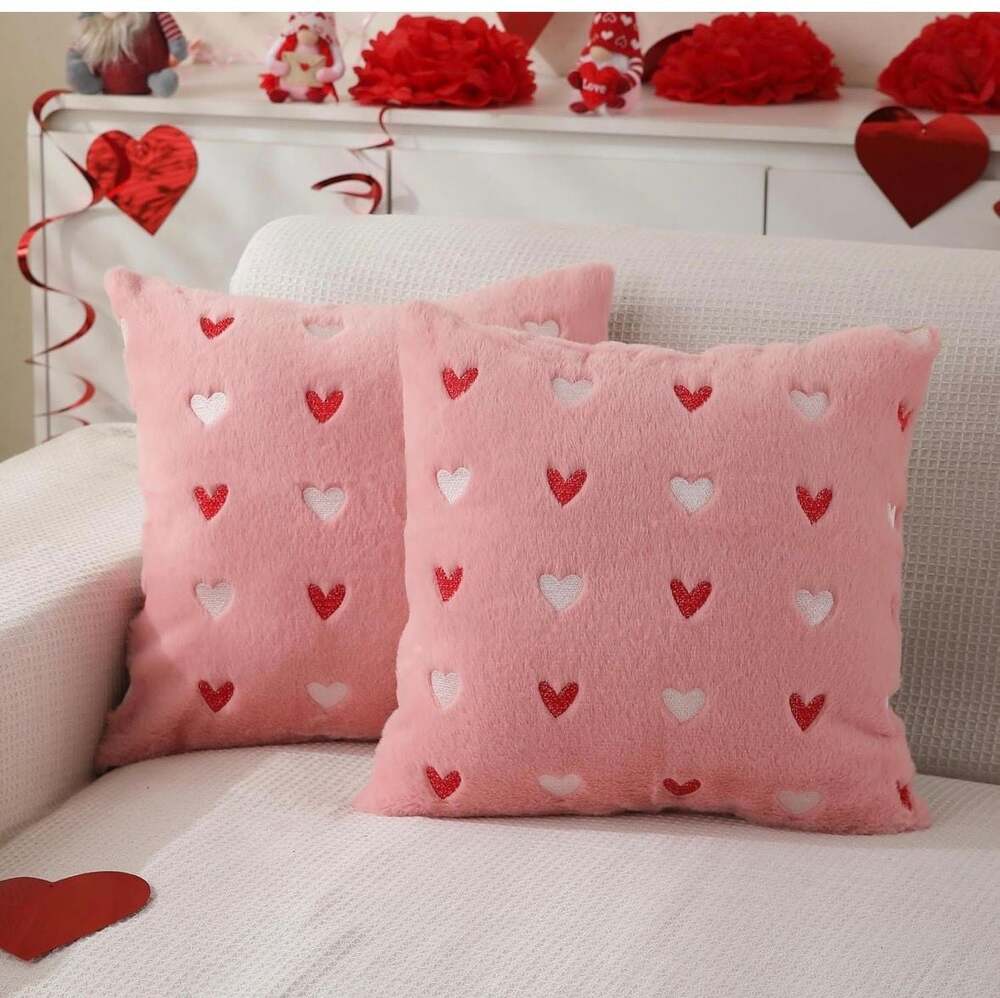 Valentines Pillow Cover 18x18 Set of 2 Valentines Day Decoration Pink Hearts Pil